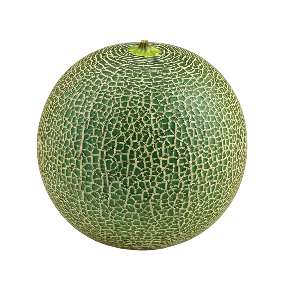 A photorealistic image of a fresh, green melon featuring a beautiful, textured rind on transparency. png