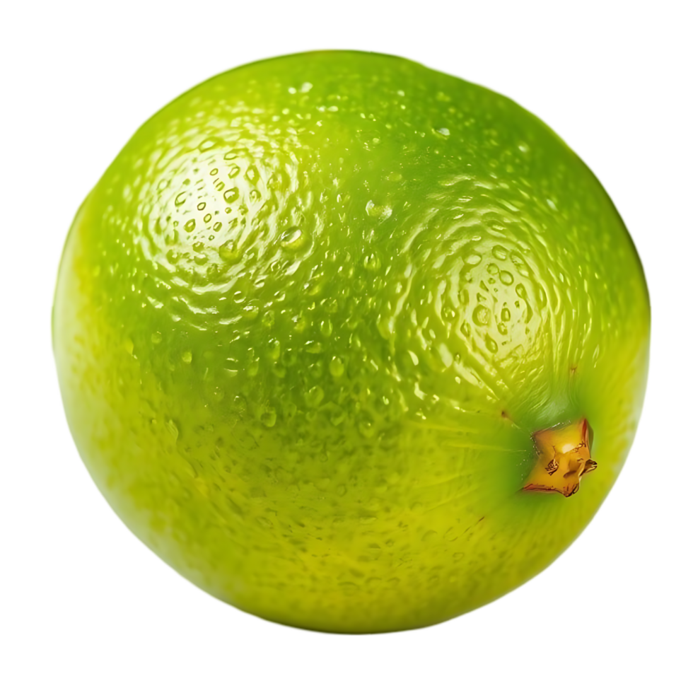 A vibrant green lime glistens with tiny water droplets on a transparent background, freshly picked. png