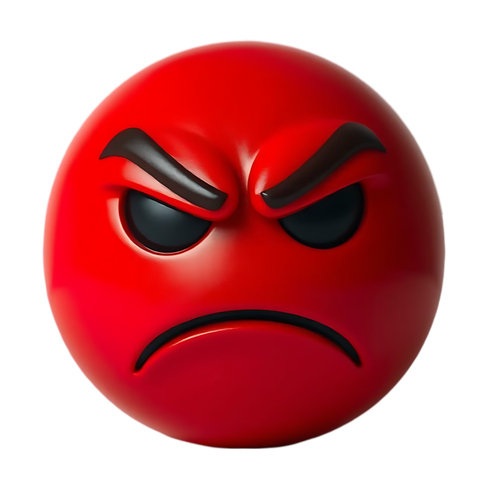 A shiny red sphere conveys a forceful angry expression with furrowed brows and a firm scowl. png