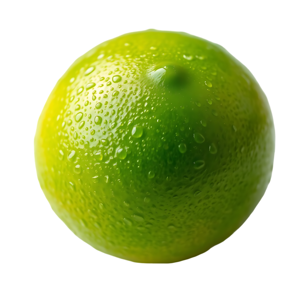A vibrant green lime glistens with fresh droplets of water against a stark transparent background png