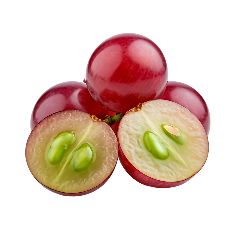A vibrant and detailed close-up showcases a cluster of ruby red grapes, one halved to display seeds. png