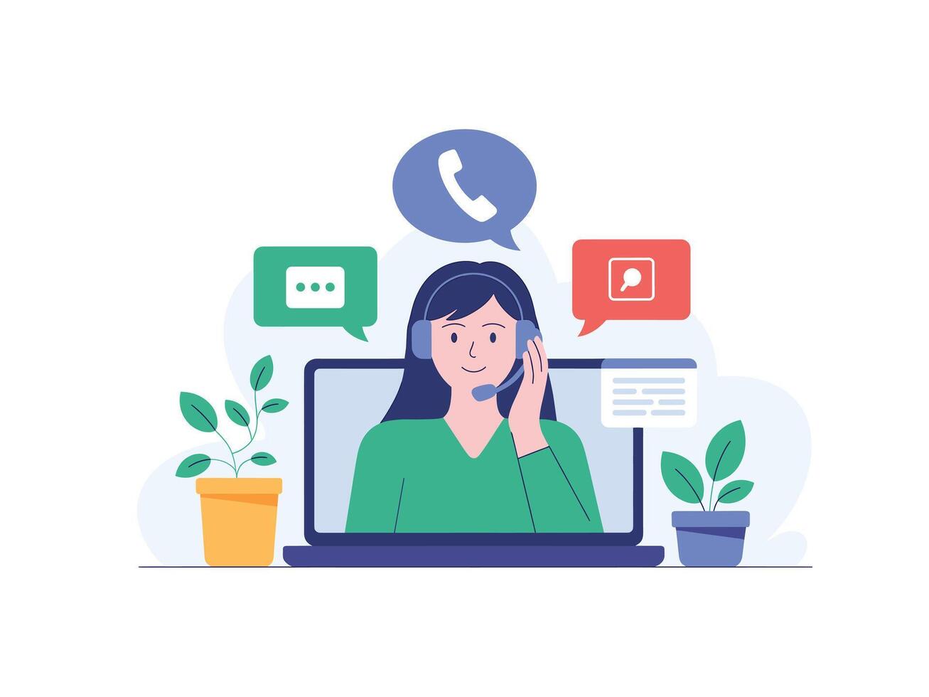 Customer Support Illustration Female Agent with Headset Providing Assistance Online vector