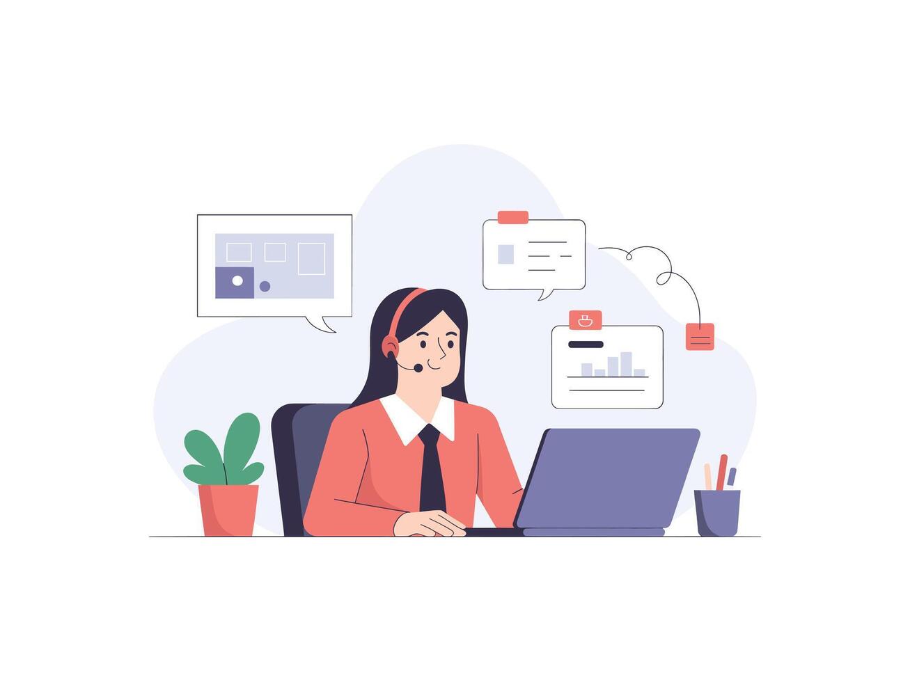 Customer service representative working on laptop with headset, illustration vector