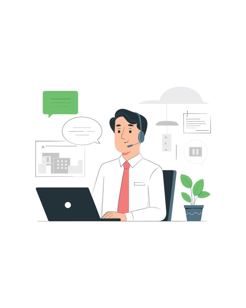 Customer Support Illustration Man with Headset Working on Laptop vector