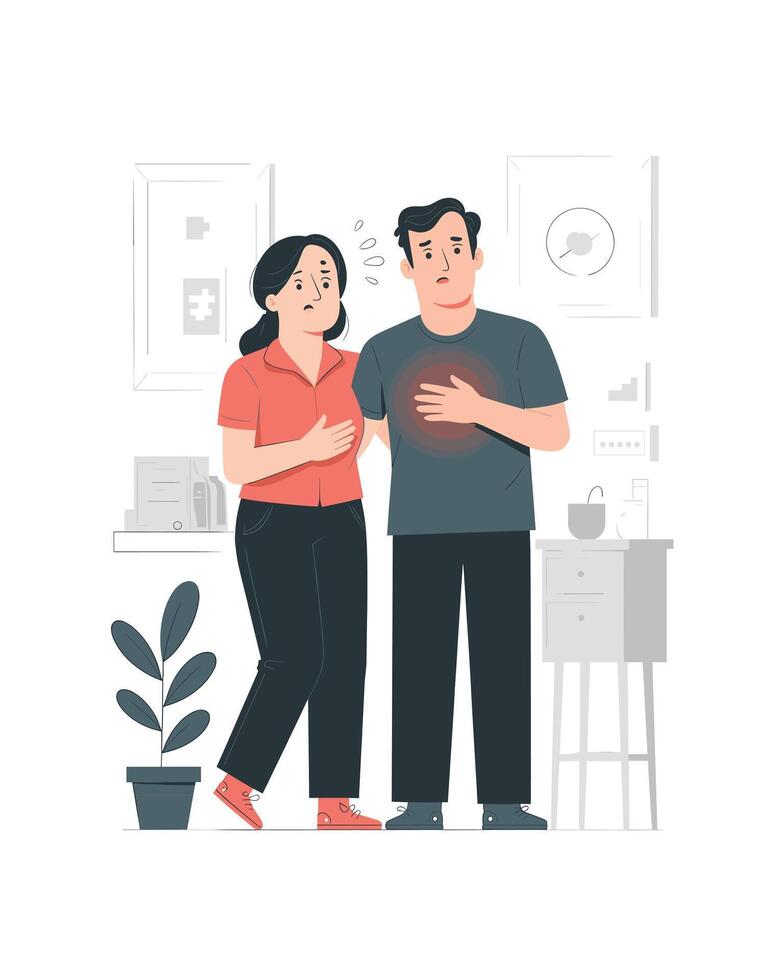Couple Experiencing Heart Pain, Heartburn, or Panic Attack Illustration, Medical Concern Concept vector