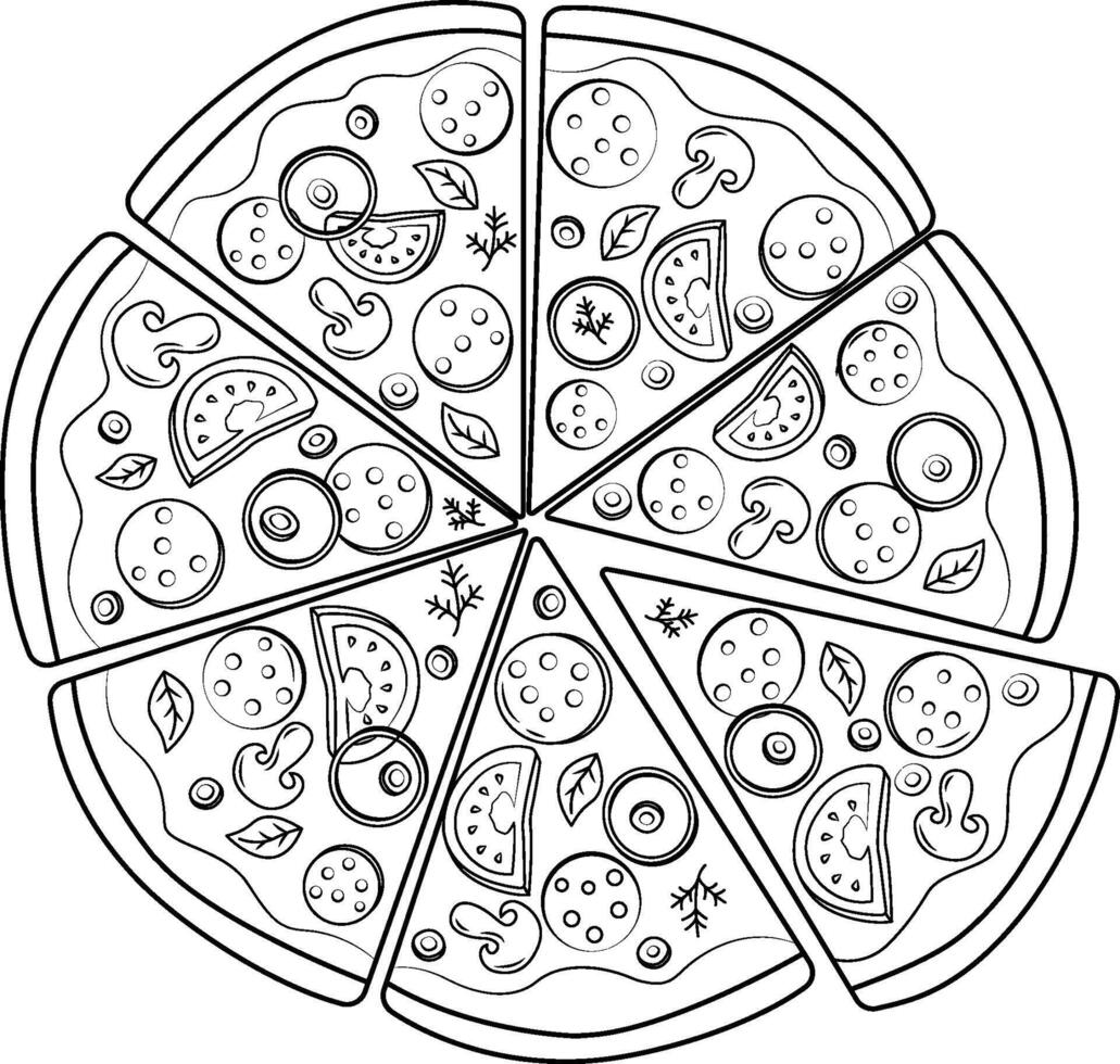 illustration of pizza. Black and white illustration of food, highlighted on a white background. Illustration of food. Outline, coloring book. vector