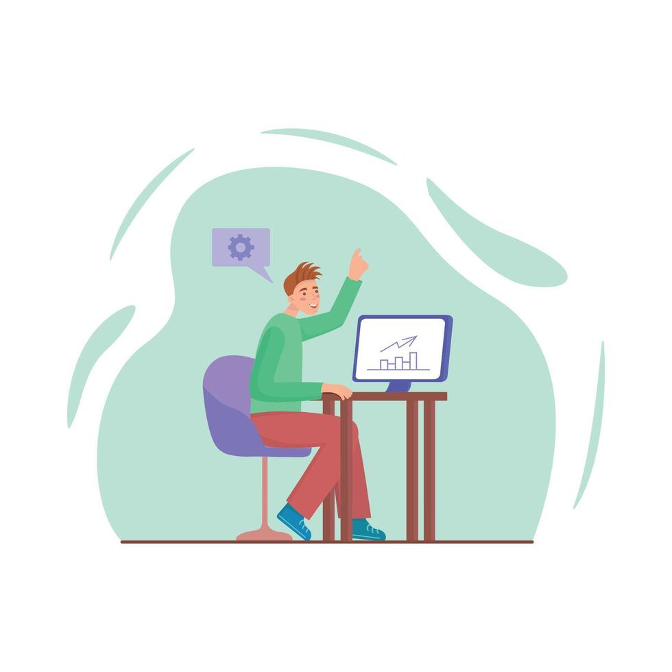 A man standing in front of a graph pointing at him analyzes sales growth data, an employee analyzes a sales growth graph, a simple and minimalistic illustration vector