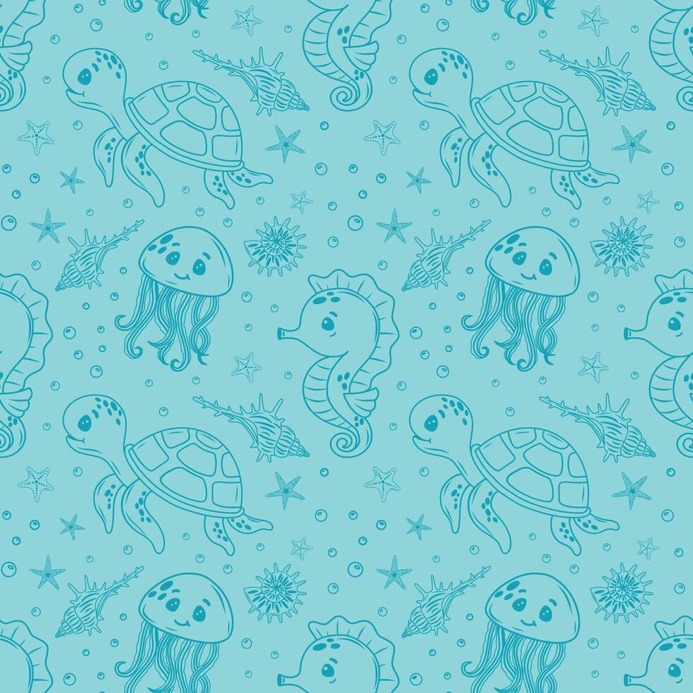 Cute children's marine drawing with turtles, jellyfish, starfish, and shells on a blue background. Drawing for printing, children's textiles and wrapping paper. illustration vector