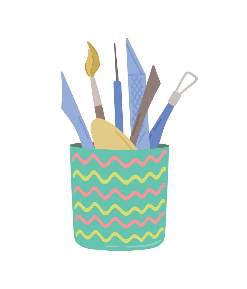 Illustration supplies with brushes, pencils, drawing tools, creativity. illustration. The concept of fine art and creativity in a cartoon style. Stylish and creative illustration. vector