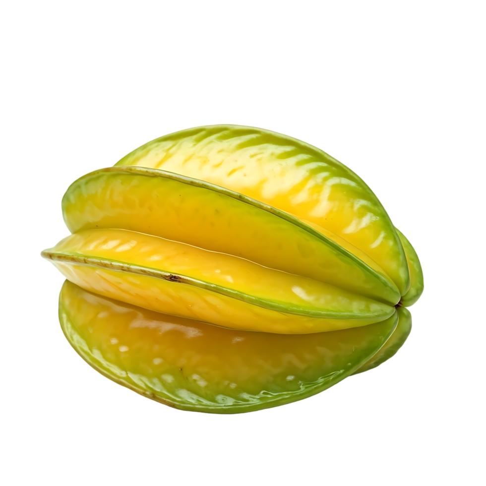 Isolated star fruit displays its five pointed shape with gradient yellow to green color variations. png