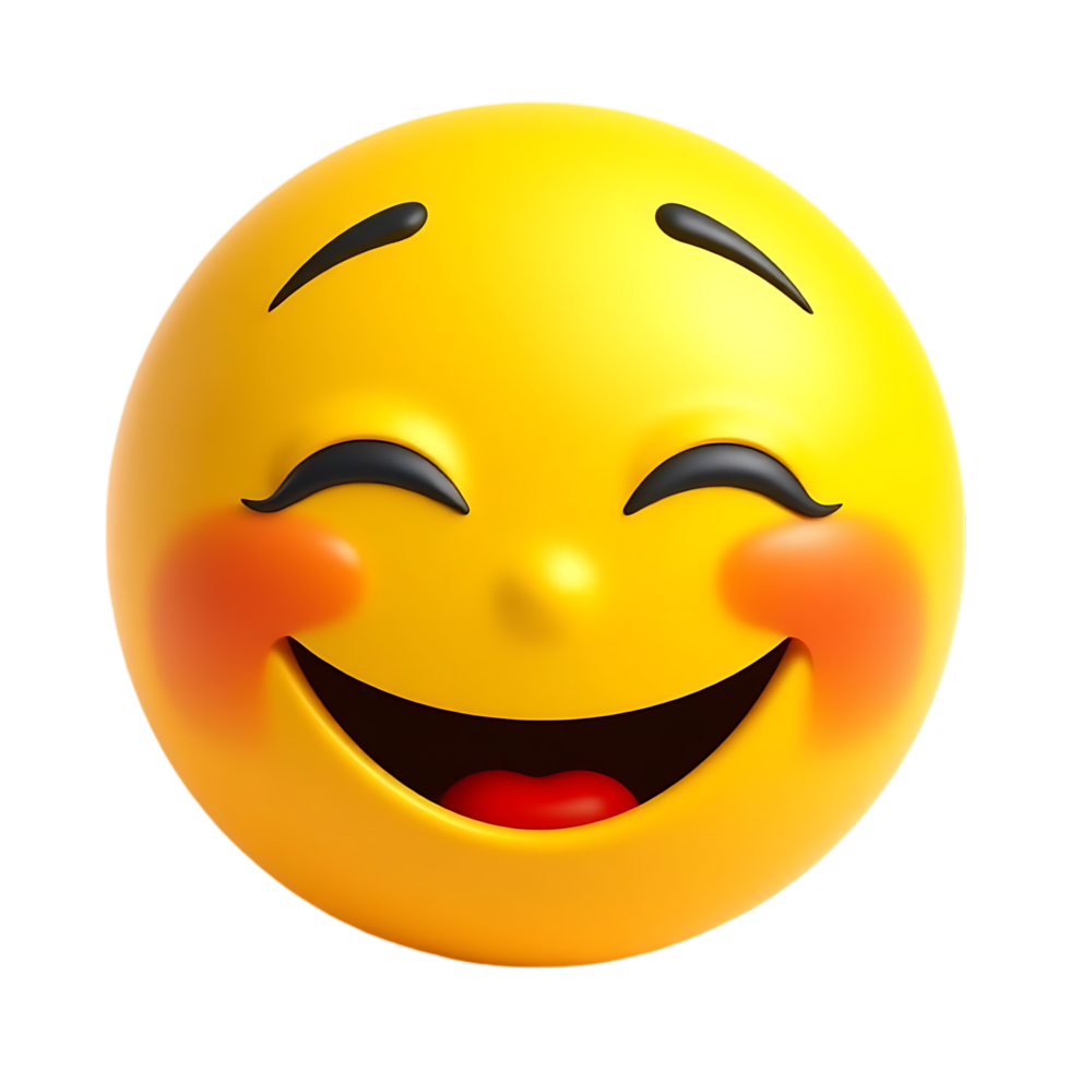 Joyful Yellow Emoticon Shows Happy Expression with Bright Smile and Rosy Cheeks, Exuding Positive Feelings and Delightful Vibes. Digital Rendering of a Cheerful Emoji for Communication. png