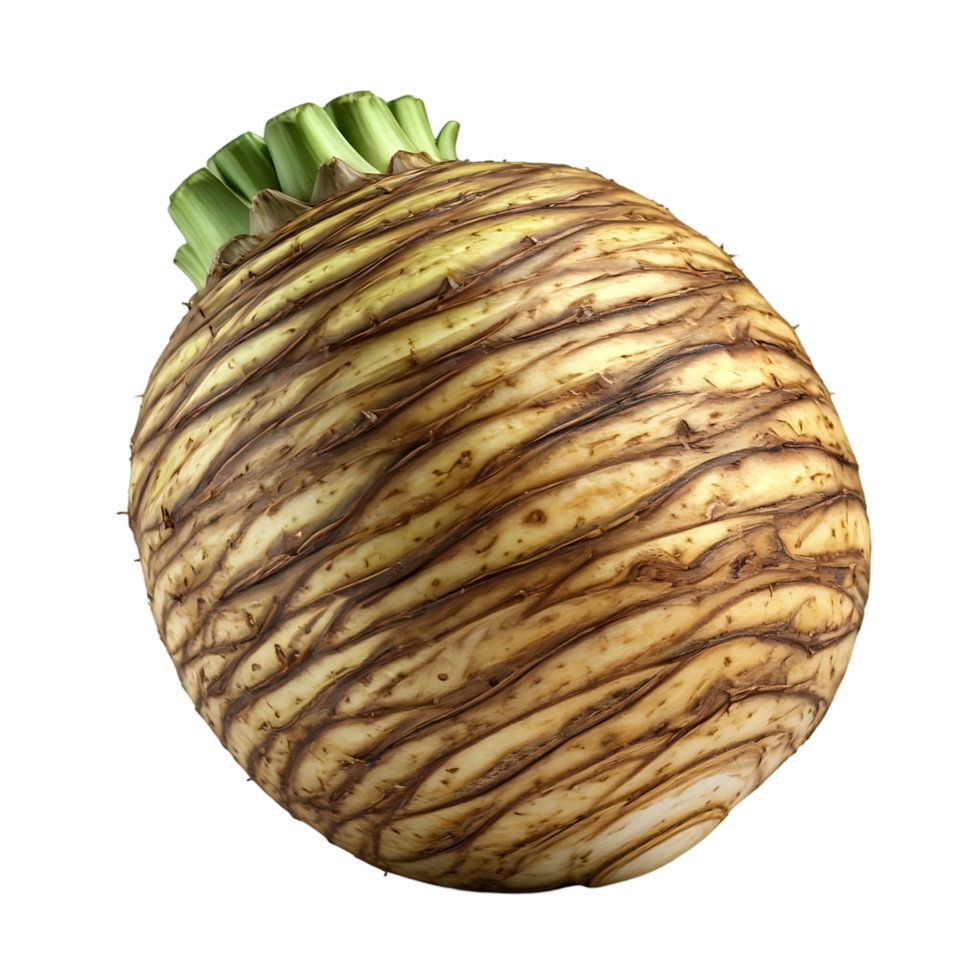 Striking close-up of a celeriac root, its textured surface detailed against transparent background png