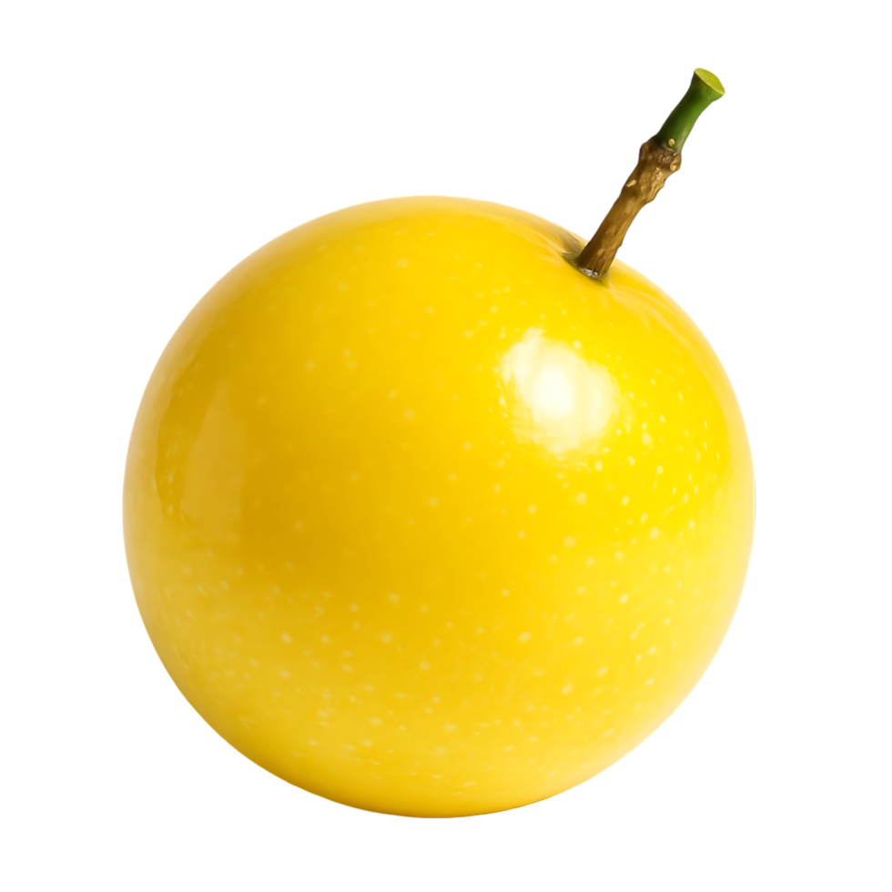 Close-up captures a vibrant, ripe yellow passionfruit with stem, isolated on transparent background. png