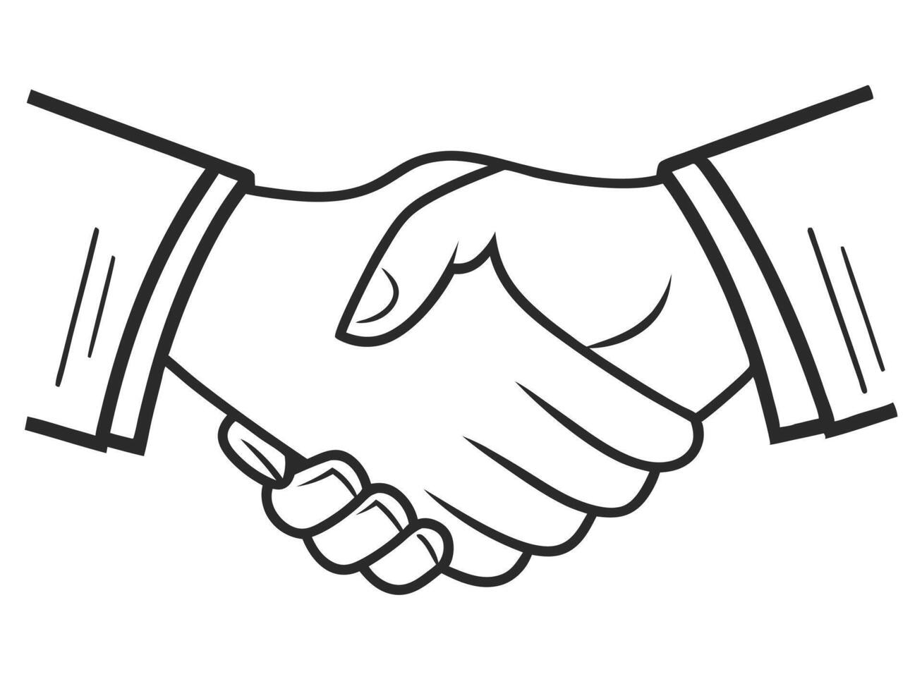 Black and white line art illustration of two hands shaking in a business agreement. vector