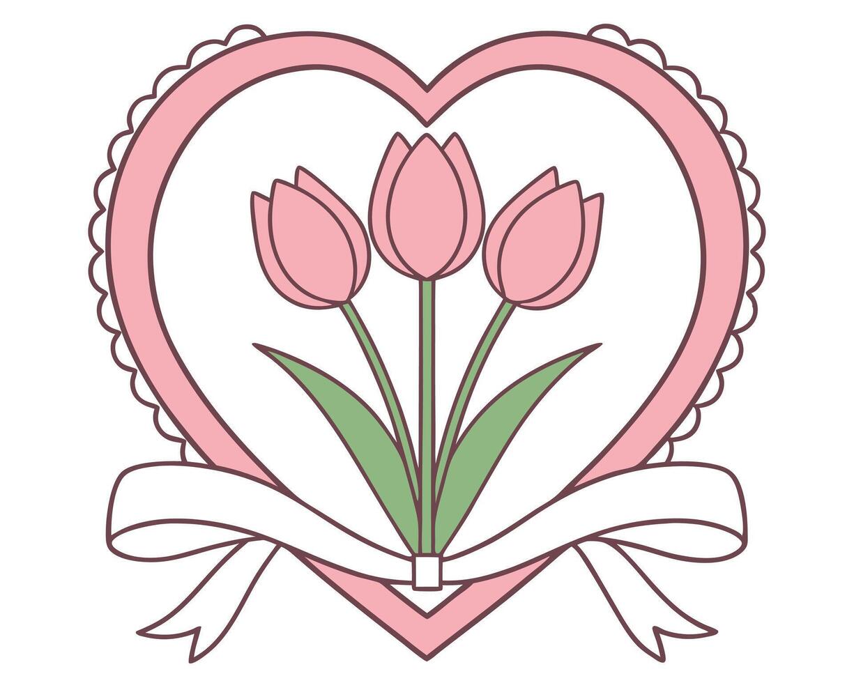 Charming floral illustration featuring pink tulips arranged within a heart shaped frame with a ribbon vector