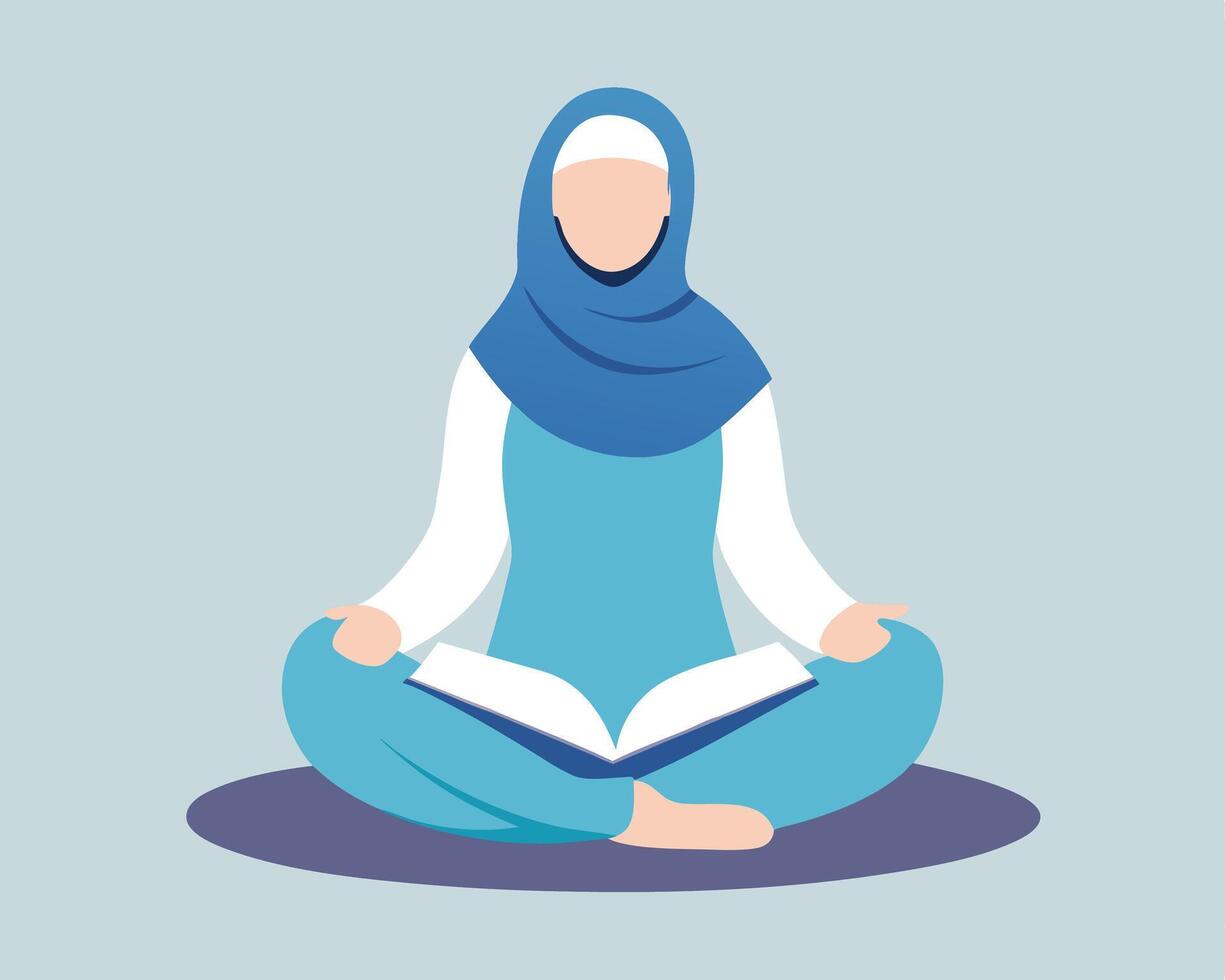 Muslim woman reading a book in lotus position illustrated in a minimalist style vector