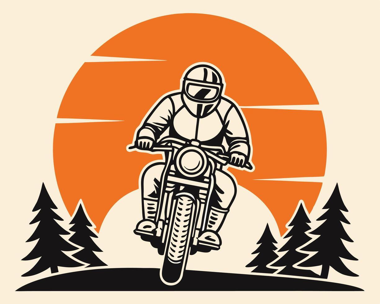 Vintage motorcycle rider driving towards sunset with pine trees and a classic outdoor adventure theme vector