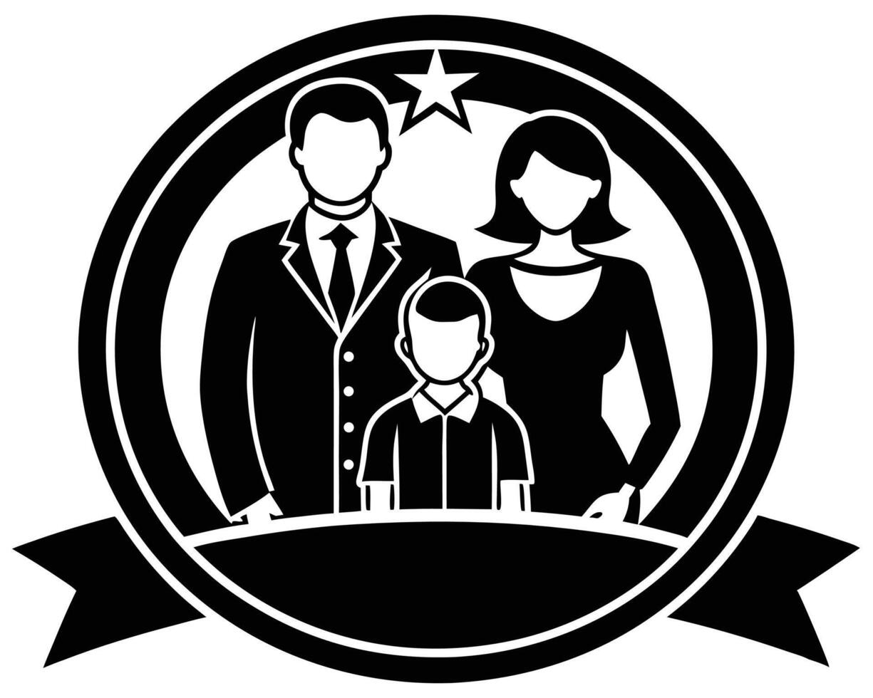 Family portrait illustration featuring father mother and son within a circular emblem design vector