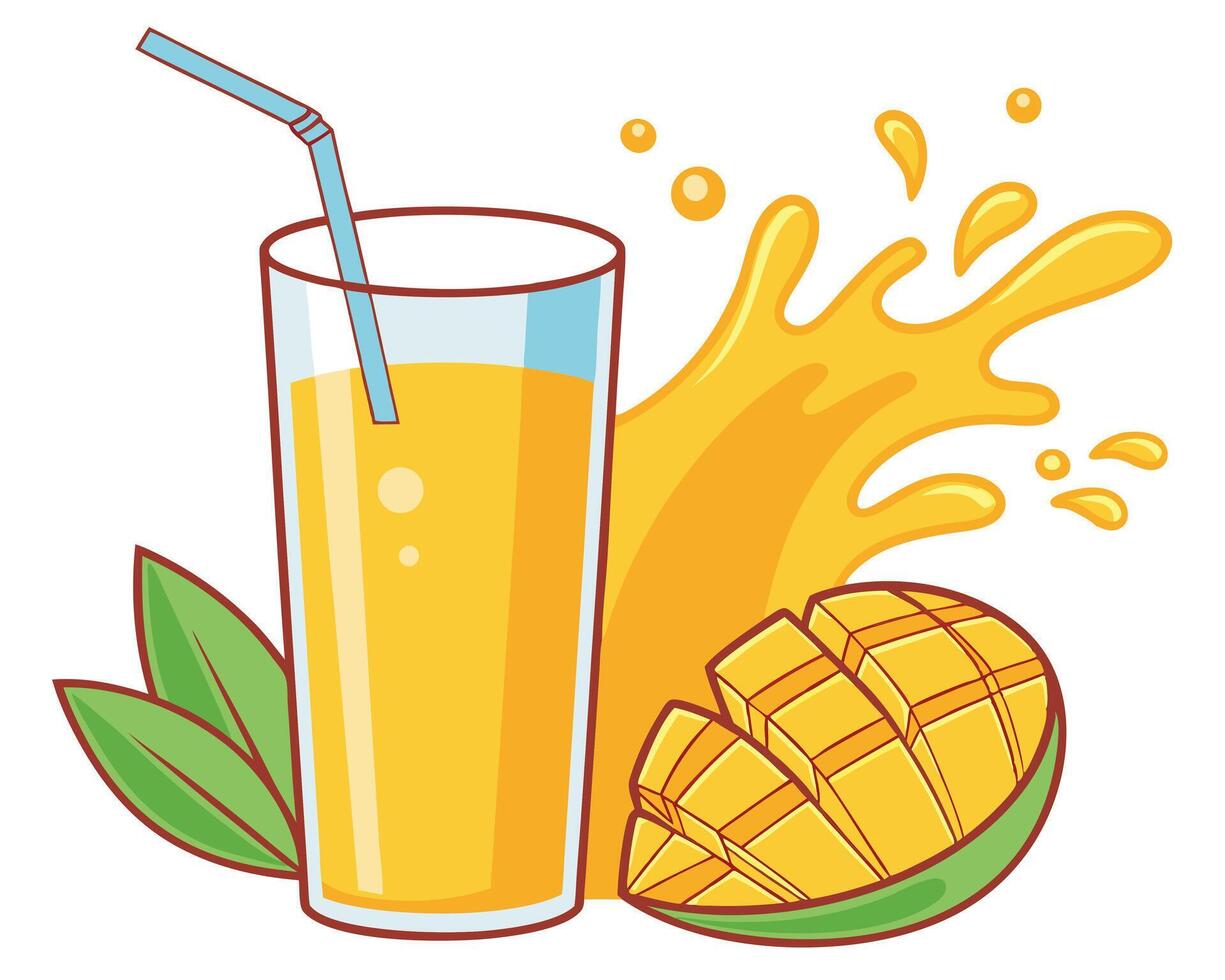 A vibrant illustration of refreshing mango juice with a sliced mango and juice splash element. vector