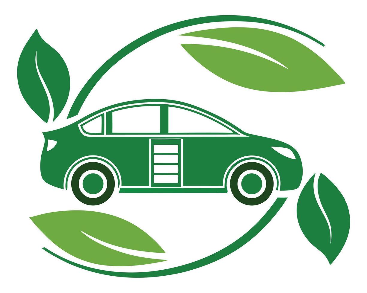Green electric vehicle symbol surrounded by leaves illustrating eco-friendly transportation vector
