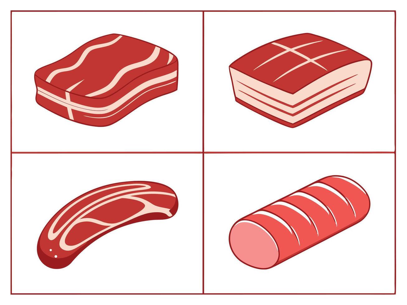 Delicious cartoon illustrations of fresh beef cuts for culinary and food related designs vector