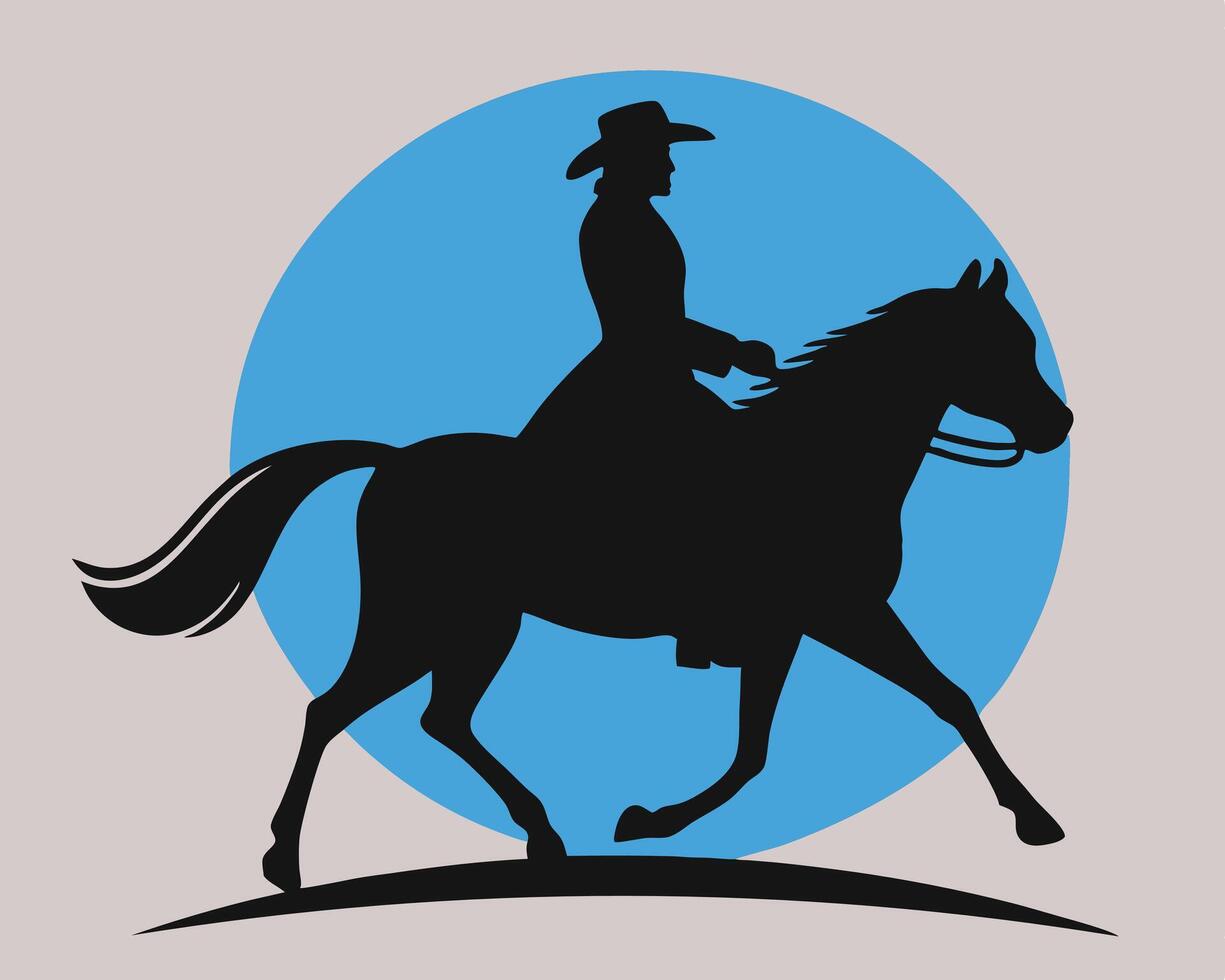 Silhouette of a cowgirl riding a horse depicted against a vibrant blue circle backdrop vector