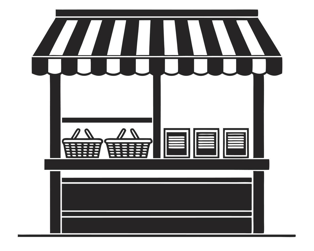 Black and white illustration of a market stall with striped awning and product baskets. vector