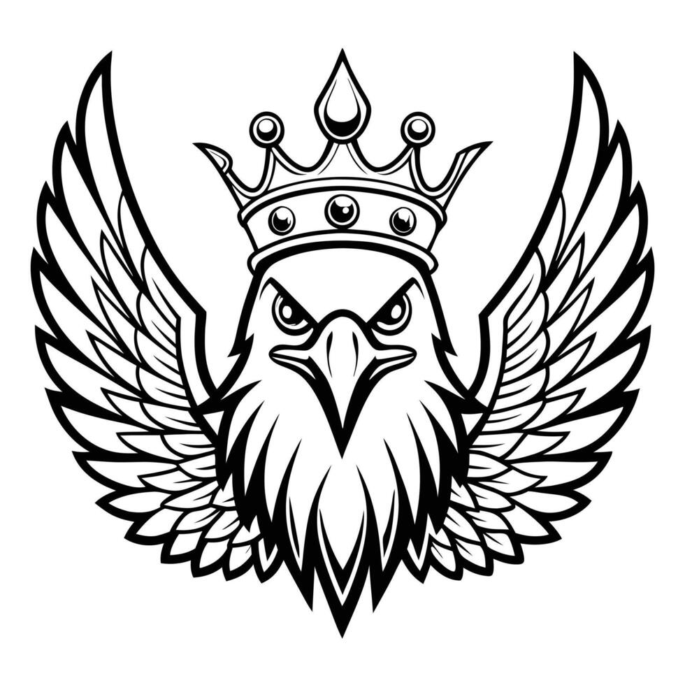 Majestic eagle head wearing crown with wings outspread in a classic black and white illustration vector