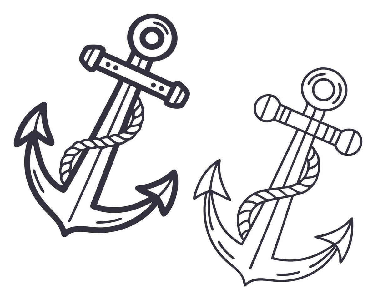 Two nautical anchor designs in a simplified black and white line art style ideal for maritime themes. vector