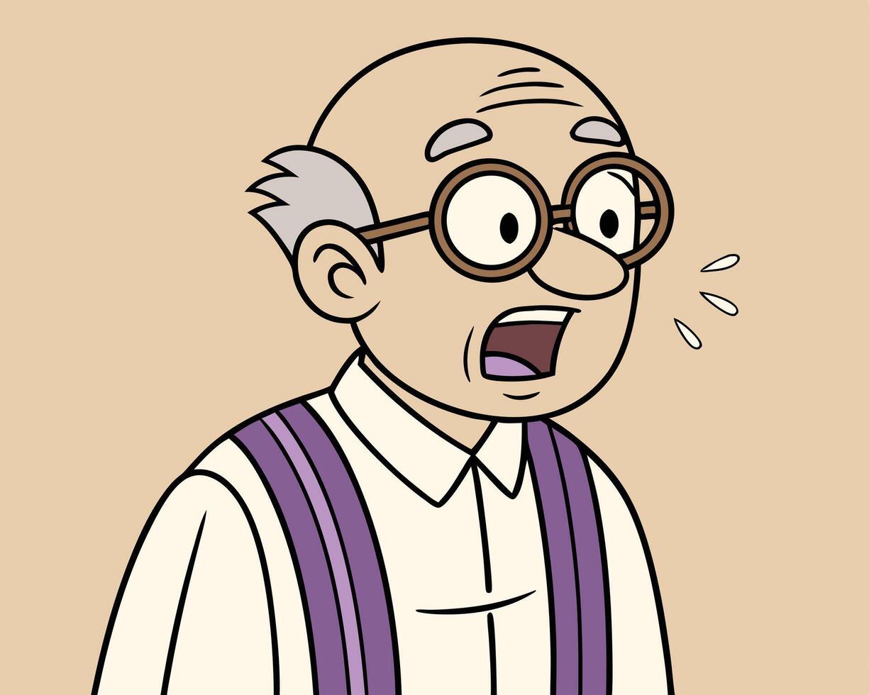 Surprised elderly man wearing glasses with open mouth in a cartoon illustration vector