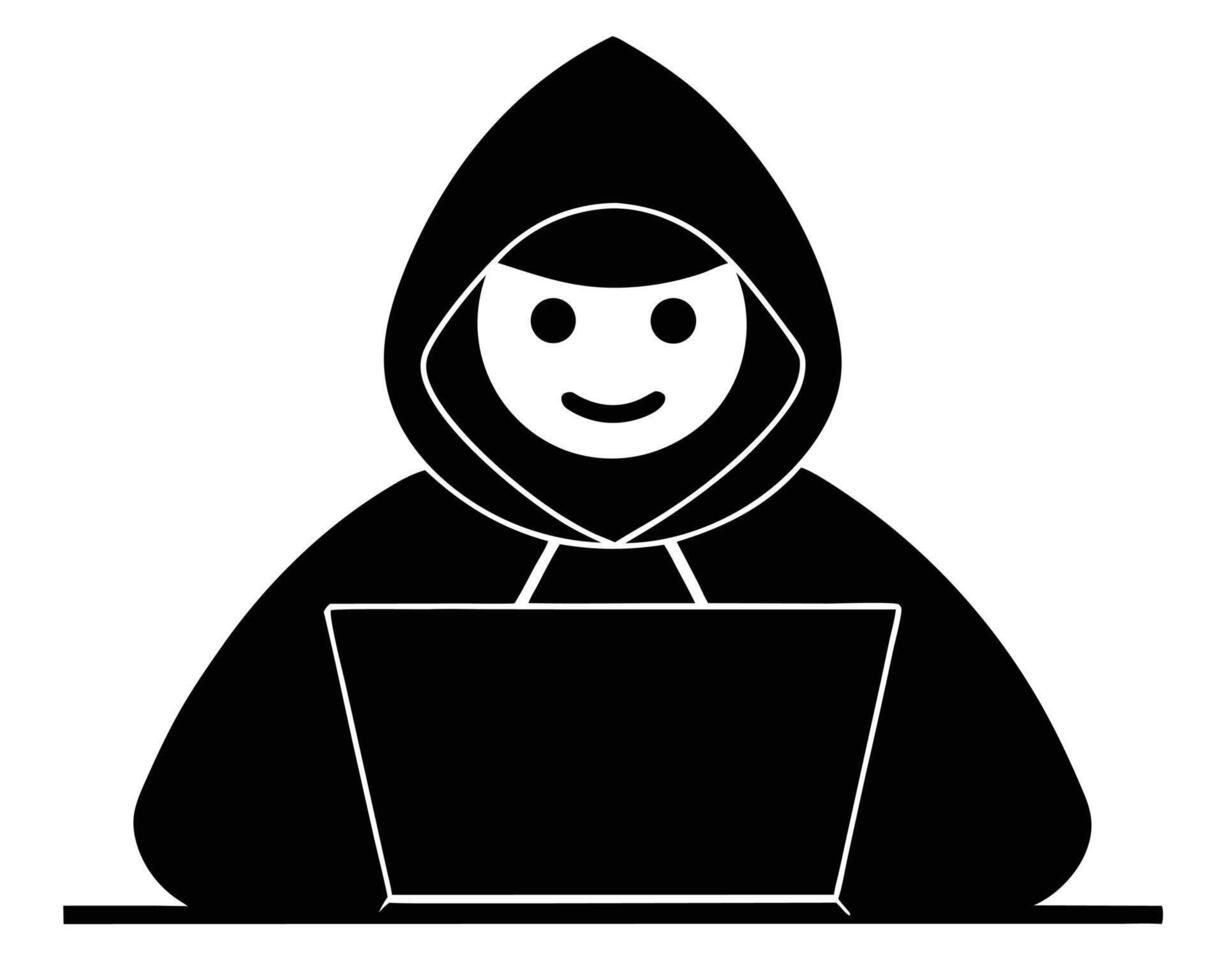 Black and white illustration of a person wearing a hood working on a laptop computer vector