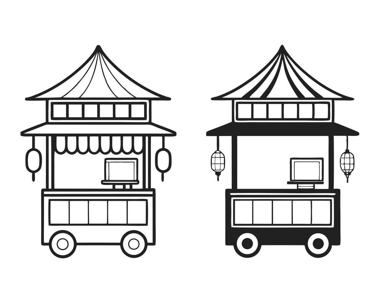 illustration of two traditional asian food stalls with lanterns and computer screen vector