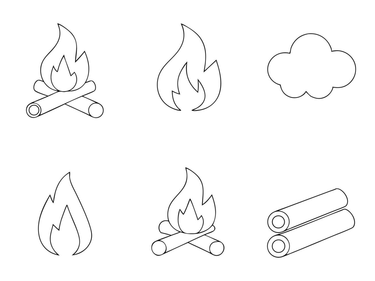 Black and white outline illustrations of campfires flames clouds and wooden logs perfect for various design projects vector