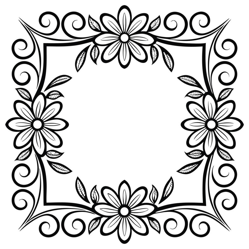 Elegant floral frame border design featuring stylized flowers and swirling decorative elements in black and white vector