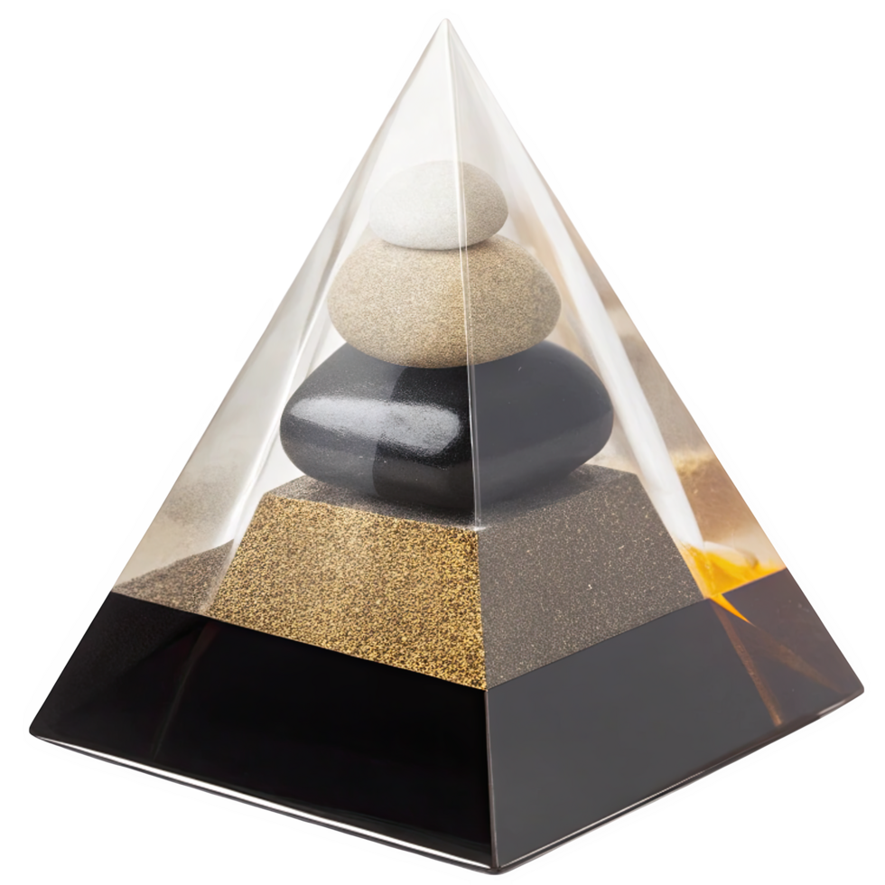 Abstract 3 D Pyramid Sculpture with Layered Black Beige and White Stones on Gold Sand Base inside Clear Acrylic Case isolated on a transparent background png