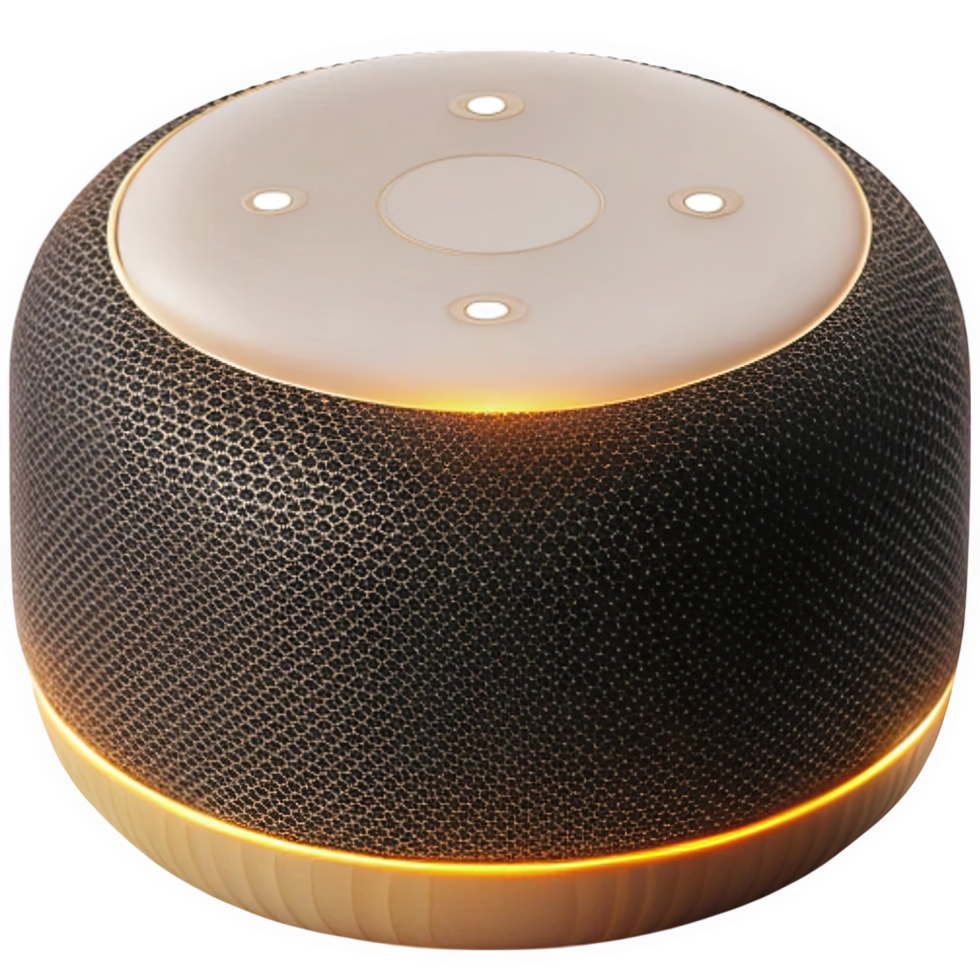 Dark Gray Textured Smart Speaker with Beige Top and Wooden Base Illuminated with Warm Yellow Light isolated on a transparent background png
