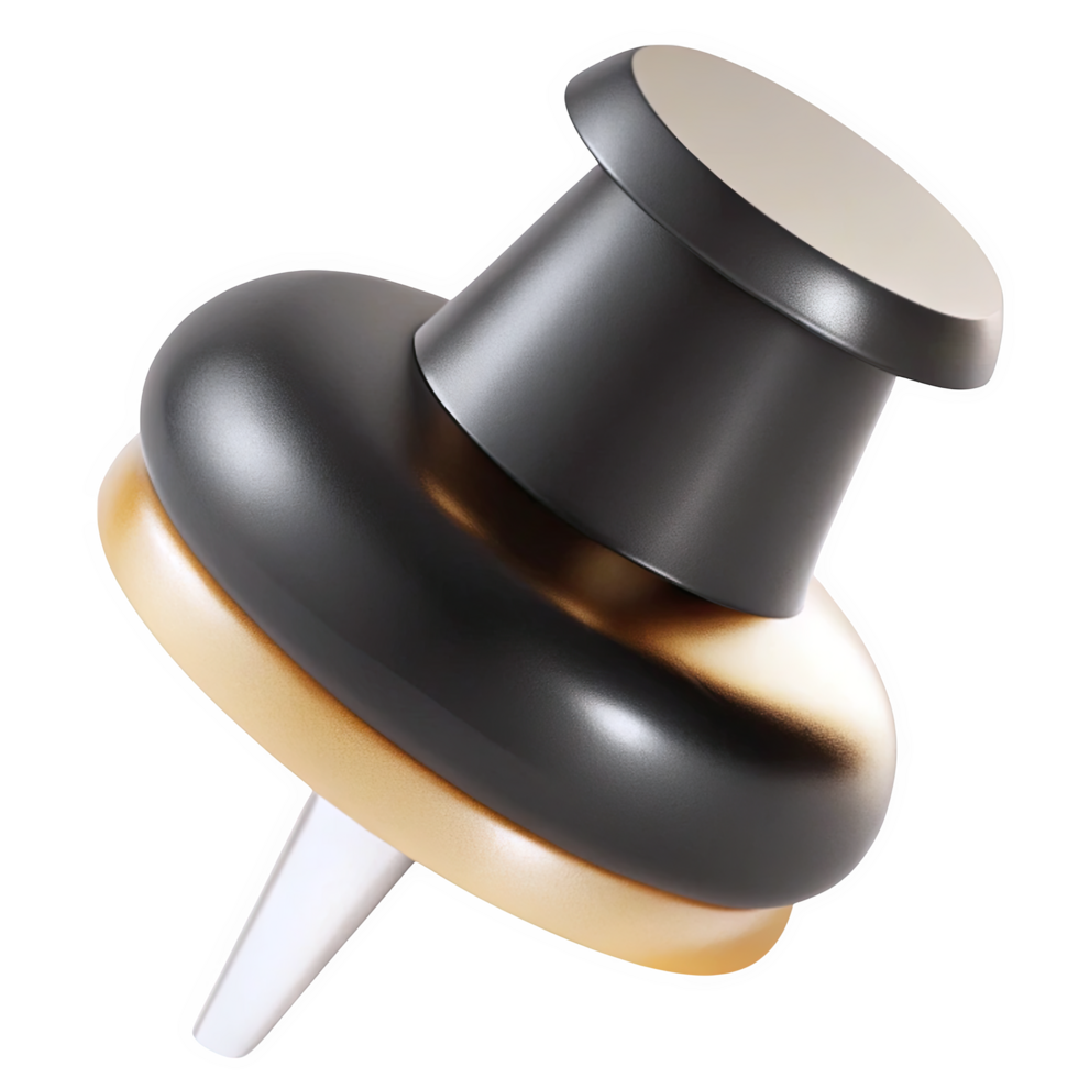 Abstract 3 D Render of a Black and Gold Push Pin with Layered Circular Forms and a White Point isolated on a transparent background png