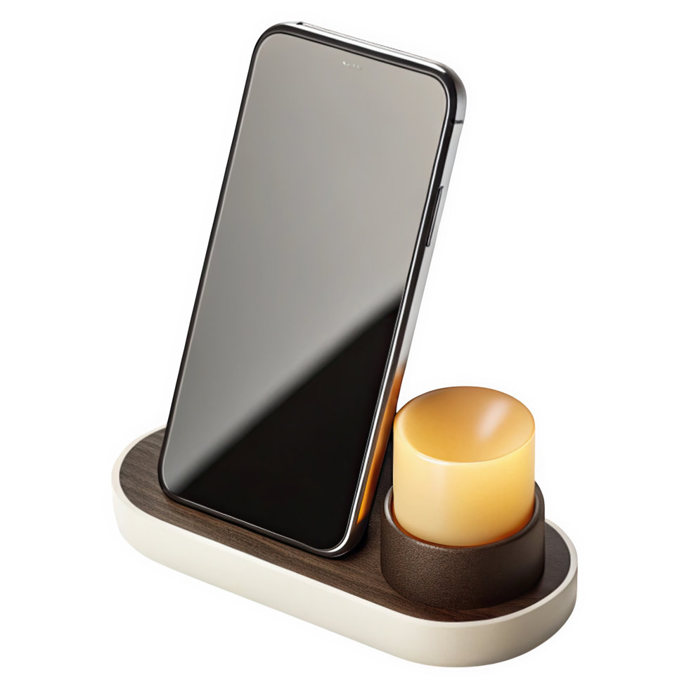 Modern Smartphone Stand with Integrated Warm Light Candle Shaped Accessory Dark Wood and Off White Base isolated on a transparent background png