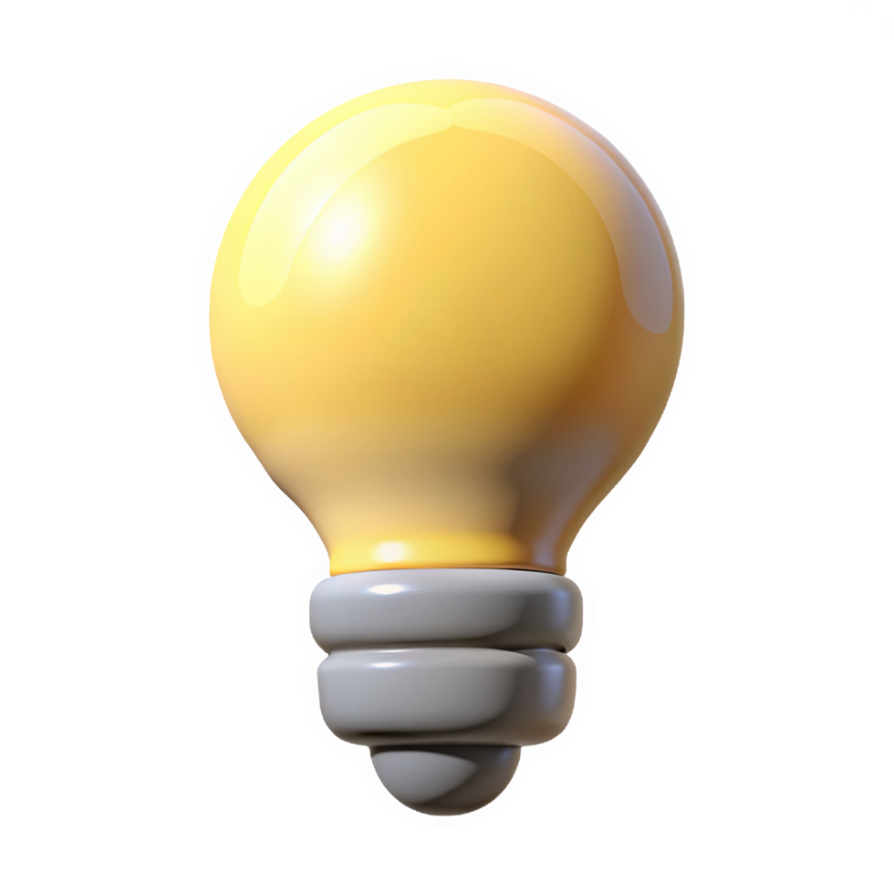3 D Render of a Soft Yellow Light Bulb Icon with a Glowing Center and Gray Metal Base isolated on a transparent background png
