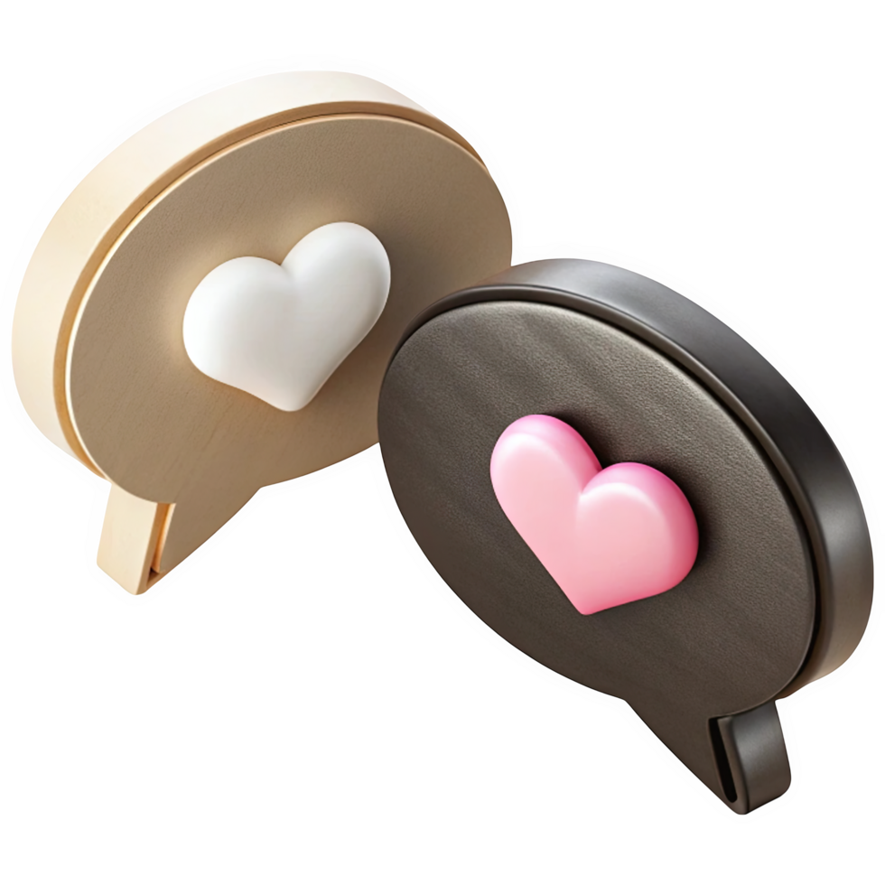 Two 3 D speech bubble icons beige and dark gray with embossed white and pink hearts isolated on a transparent background png
