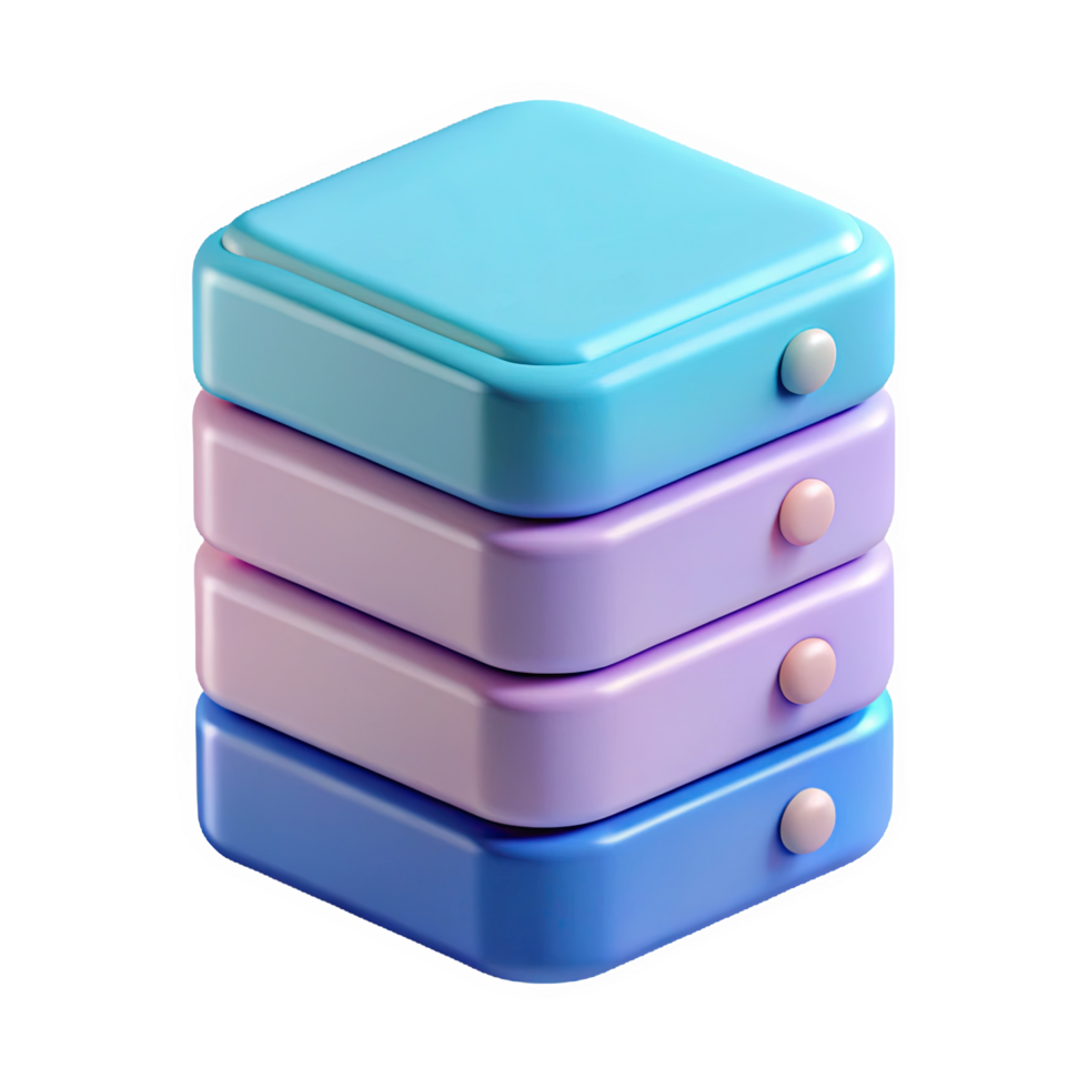 Stacked Pastel Blue Purple and Pink Square 3 D Data Storage Server Icon Blocks Isolated on a transparent background png