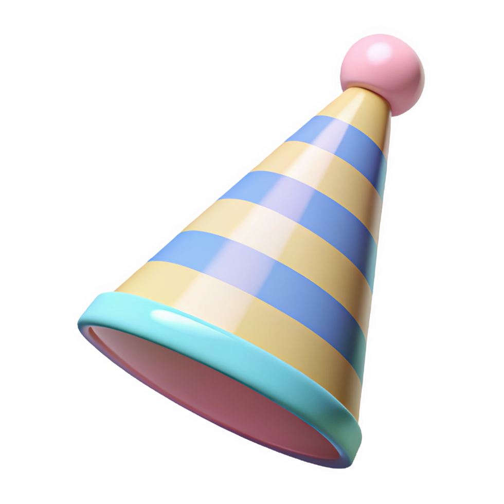 Three dimensional pastel yellow and blue striped party hat with pink top and light teal brim isolated on a transparent background png