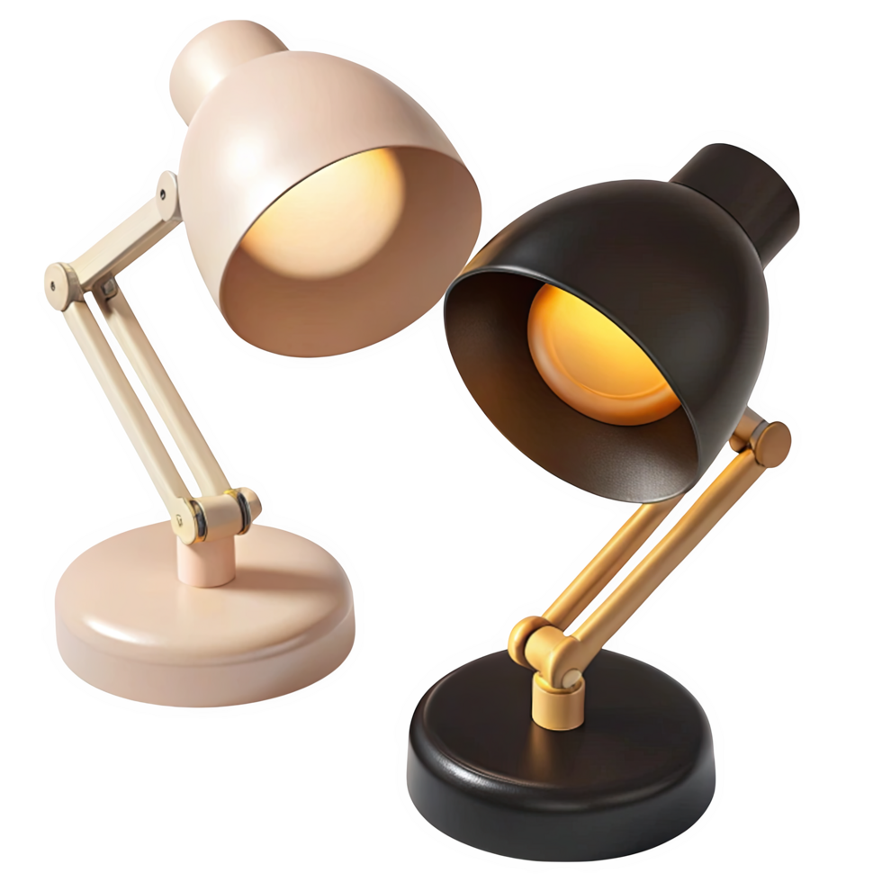 Two 3 D Rendered Adjustable Desk Lamps One Blush Pink One Black with Gold Accents Illuminated Warm Light isolated on a transparent background png