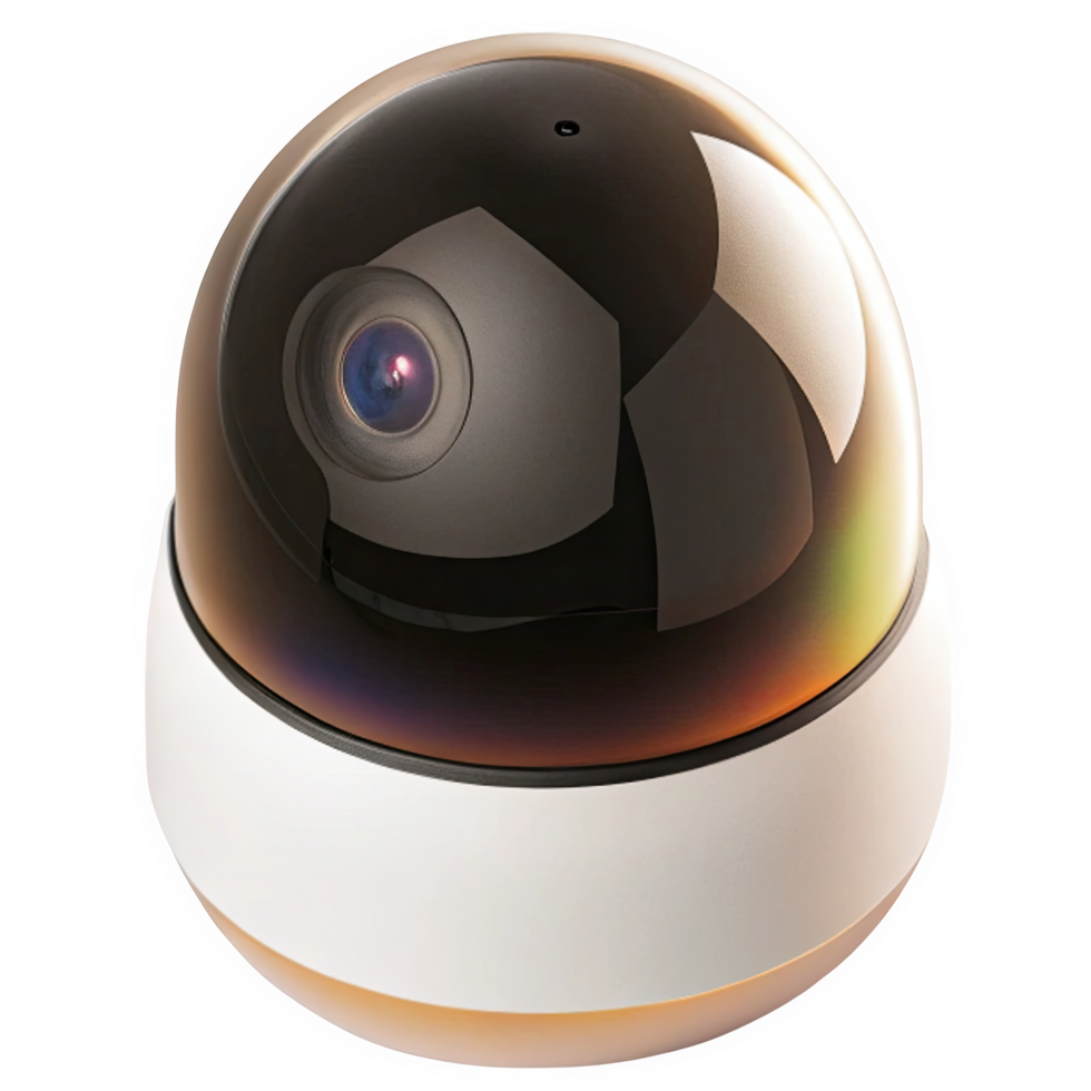 3 D model of a dome security camera with a dark gray metallic top and a white base isolated on a transparent background png