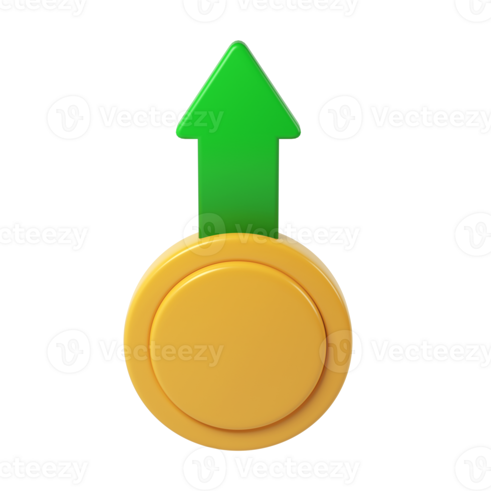 3d render icon Gold cryptocurrency coin rising with green upward arrow, symbolizing financial growth and investment potential on transparent background png