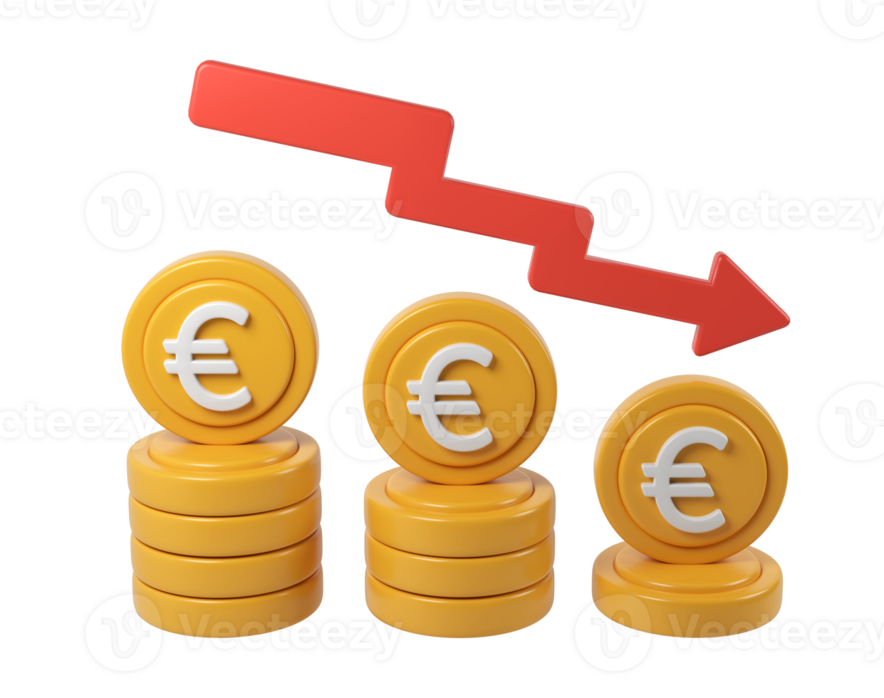 3d render icon Stacks of declining euro coins and descending red arrow representing financial crisis, with transparent background png