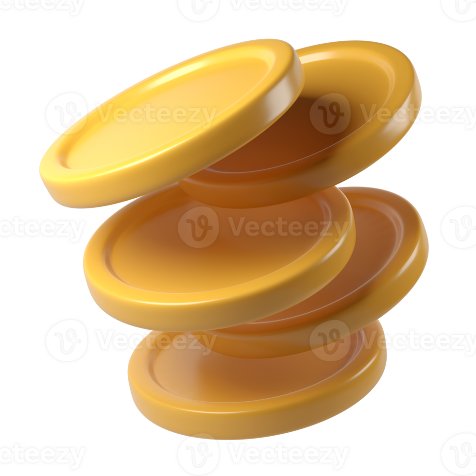 3d render icon Golden coins spinning, metallic surfaces gleaming payment, symbolizing financial growth against transparent background png