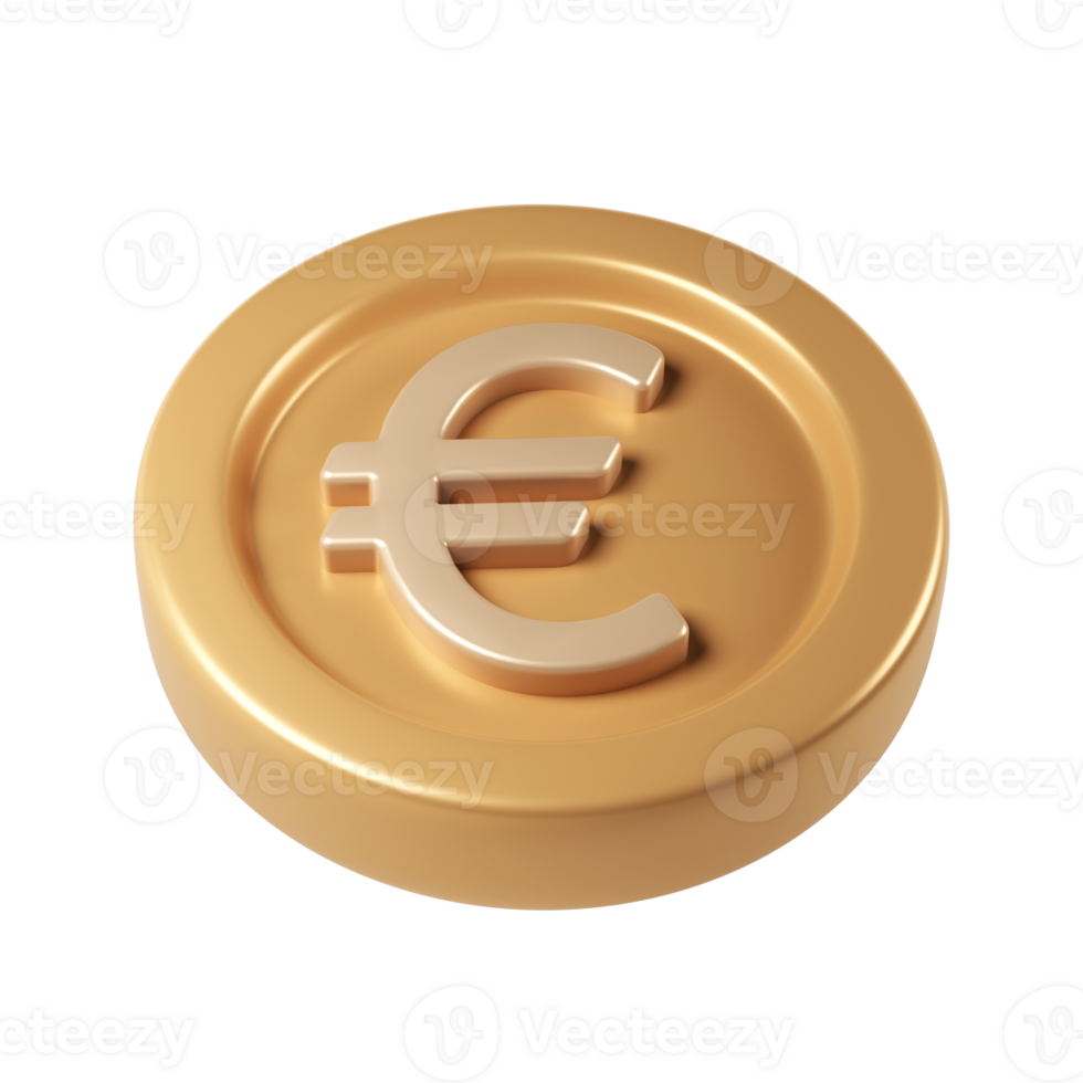Golden 3d render icon euro coin spinning, metallic surface financial digital rendering backdrop transparent with for design graphic gleaming, png