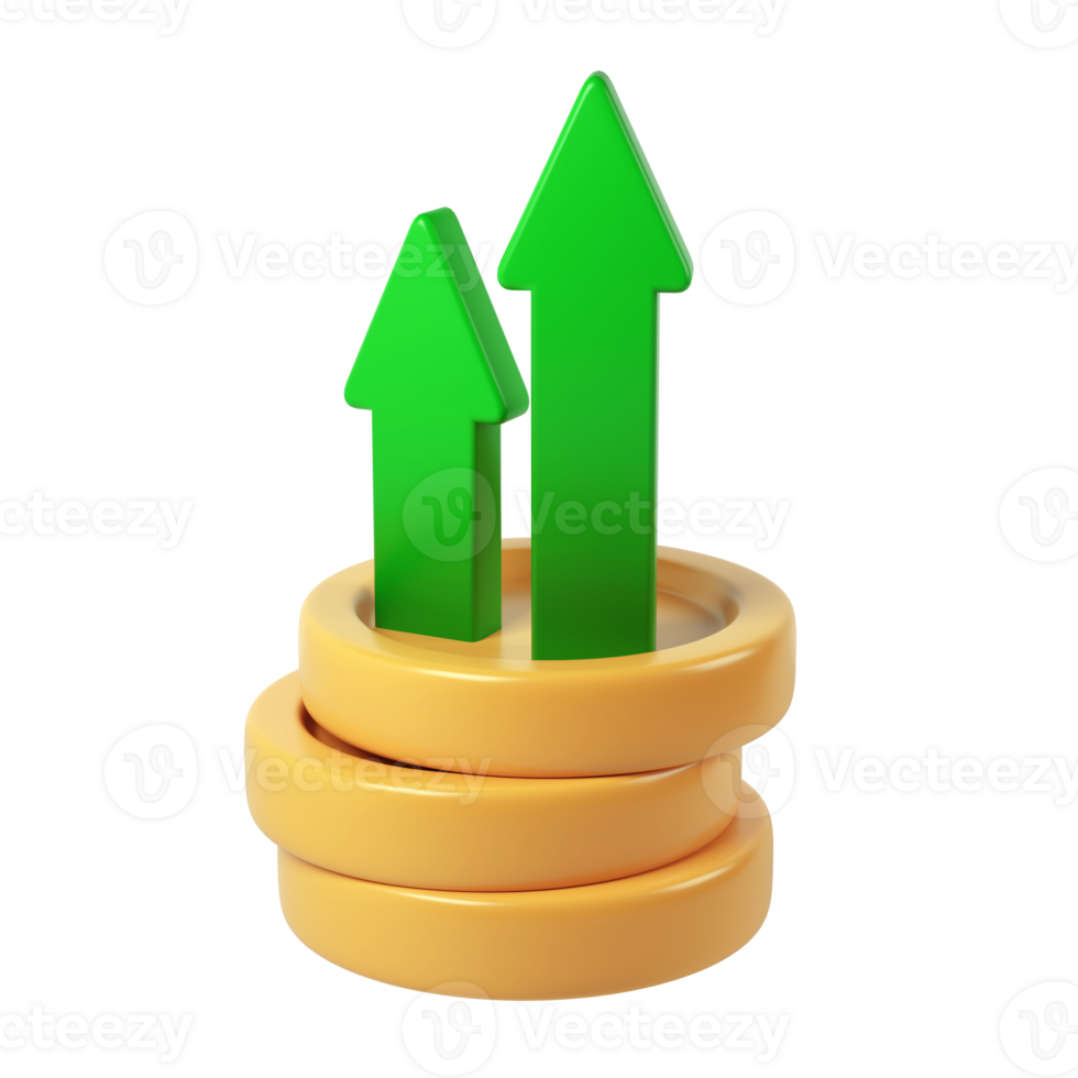 stack, Green arrows rising from golden coin icon representing financial growth, investment performance, digital 3d rendering against transparent background png
