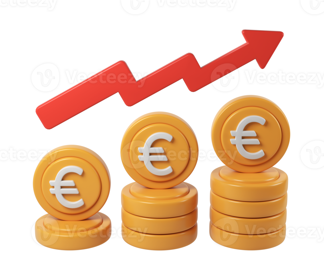 3d render icon Euro coin stacks climbing beside red upward arrow, symbolizing financial growth and investment success against transparent backdrop png